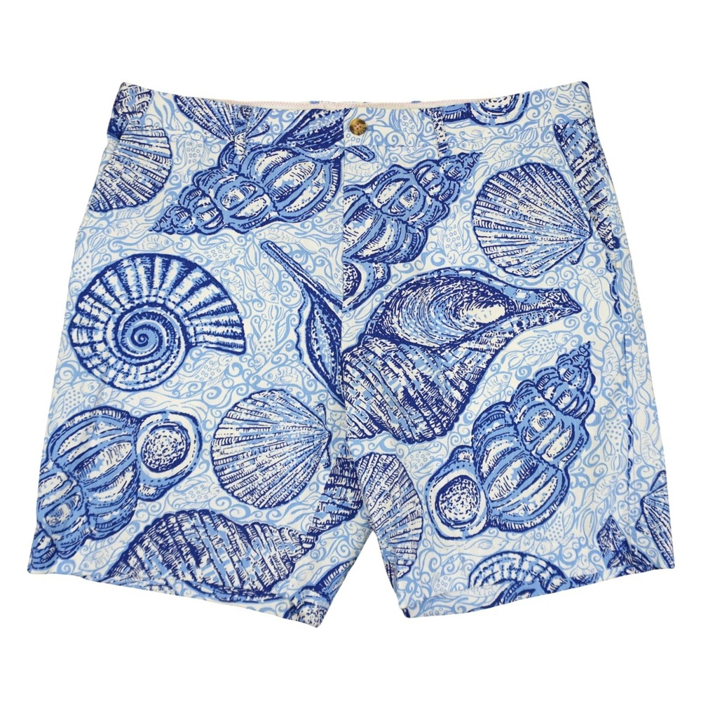 Lilly Pulitzer Shorts Men 40 Blue Seashell Print Cotton Flat Front Beach Resort